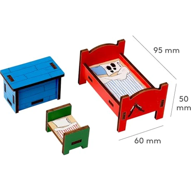 Pippi Langstrumpf Schlafzimmermöbel Set, Puppenhauszubehör mit Bett und Schatzkiste für Pippi und Herr Nilsson, 3 Teile – Bild 4