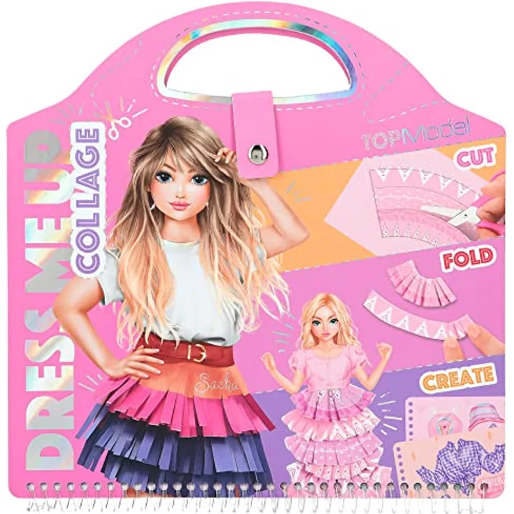 Depesche 12379 TOPModel Dress Me Up Collage Book - Malbuch mit 20 Seiten zum Designen von Outfits, Spiralbuch mit vorgedruckten Models, Stoffmustern und Stickern