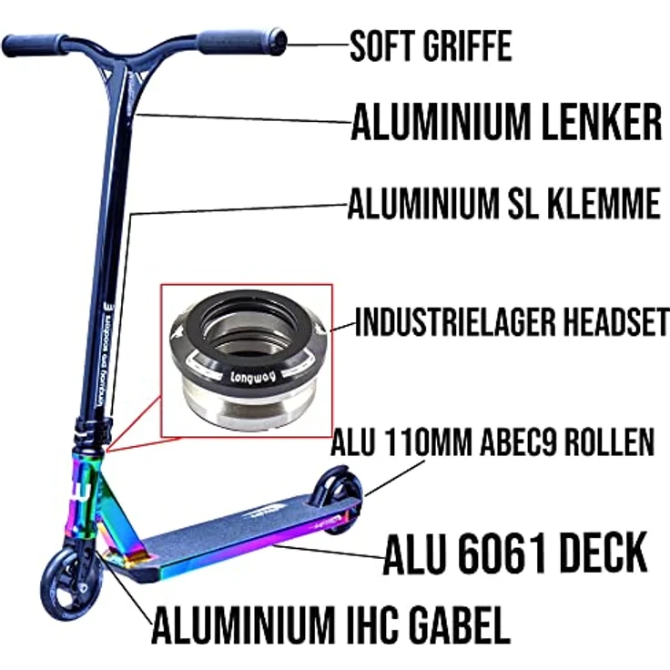 Fantic26 Longway Metro Stunt-Scooter Park Trick Tret Roller + F26 Sticker (2K19 H=79cm Schwarz/Rainbow) – Bild 3