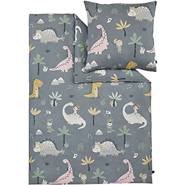 s.Oliver Kinderbettwäsche Dino 100x135 cm - 100% Baumwolle, praktischer Reißverschluss & maschinenwaschbar, Bettwäsche für Kinder 2tlg. Dinosaurier grau – Bild 1