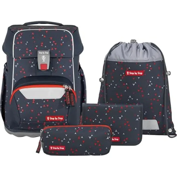 Step by Step Basis Schulranzen-Set „Anthrazit Triangles“, ergonomischer Tornister mit 20 Liter Volumen, 4-teilig, grau, auswechselbare Magnetapplikationen, Reflektoren, Hüft- und Brustgurt für Kinder ab der 1. Klasse