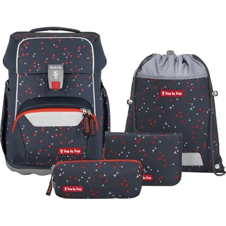 Step by Step Basis Schulranzen-Set „Anthrazit Triangles“, ergonomischer Tornister mit 20 Liter Volumen, 4-teilig, grau, auswechselbare Magnetapplikationen, Reflektoren, Hüft- und Brustgurt für Kinder ab der 1. Klasse – Bild 1