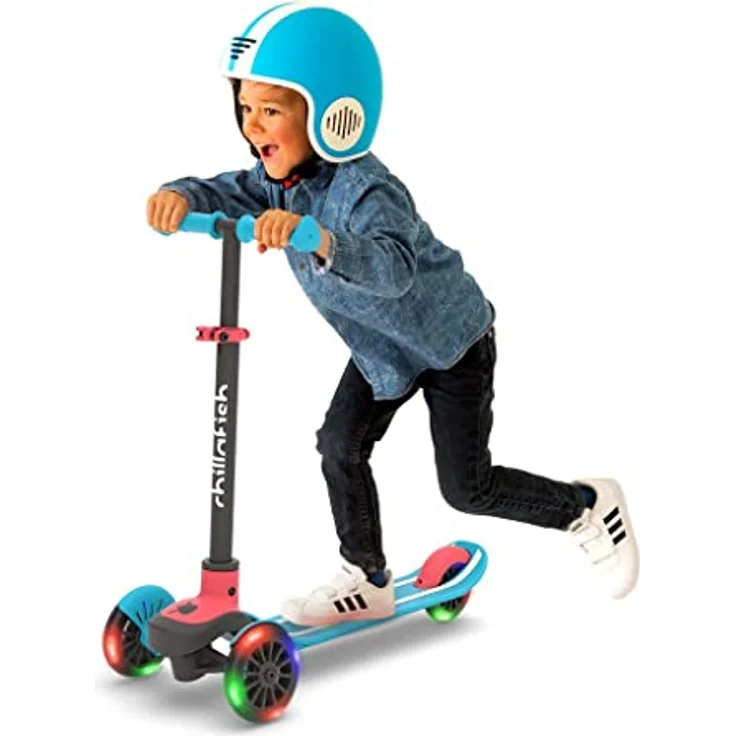 Chillafish Scotti Glow, 3-Rad leicht lenkender Tretroller mit Twintip Antirutschdeck, integrierter Bremse und Leuchträdern, einstellbare Höhe für alle Kinder ab 3 Jahren, Blau – Bild 1