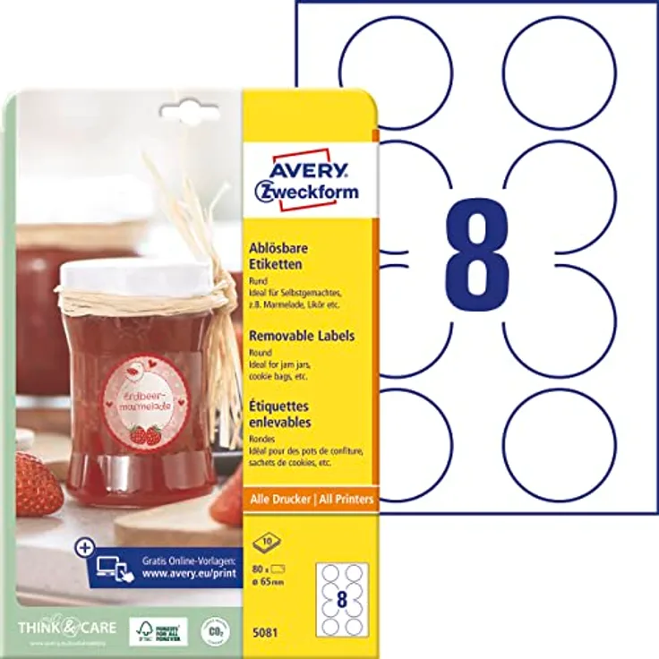 AVERY Zweckform Etiketten 5081, selbstklebend, weiß, 80 Stück, 65 x 65 mm, bedruckbar, ablösbar