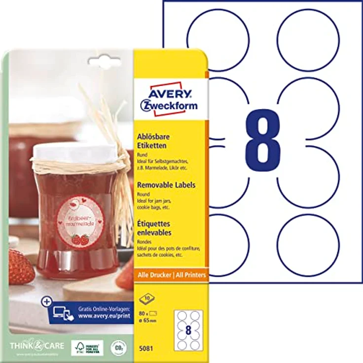 AVERY Zweckform Etiketten 5081, selbstklebend, weiß, 80 Stück, 65 x 65 mm, bedruckbar, ablösbar – Bild 1