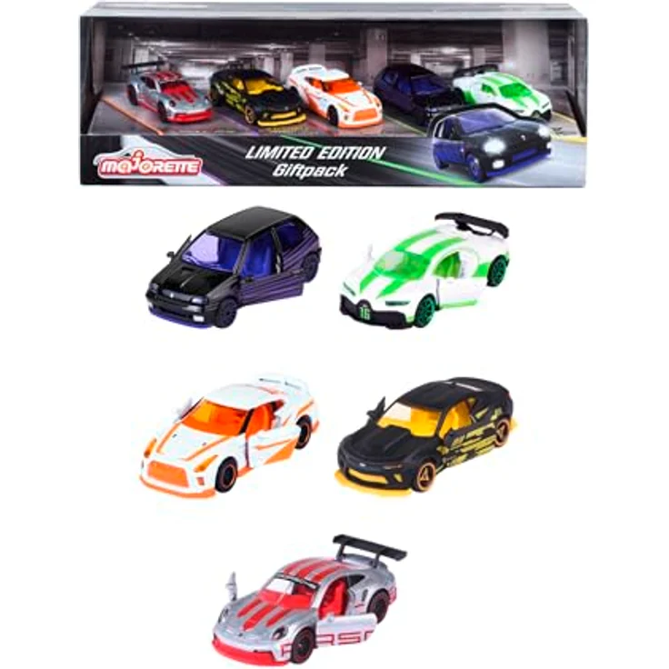 majORETTE Spielzeug-Auto Limited Edition 10, Geschenkset mit 5 Metall-Modellautos (Renault Clio schwarz, Porsche 911 GT3 Cup grau, Nissan GT-R weiß, Bugatti Chiron Pur Sport weiß, Chevrolet Camaro schwarz), je 7,5 cm, für Kinder ab 3 Jahren – Bild 1