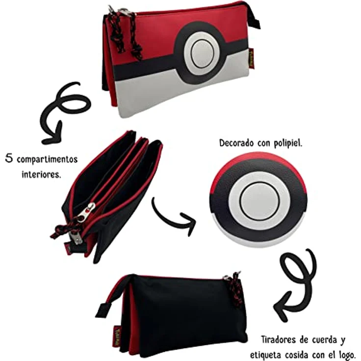 CYPBRANDS Pokémon Dreifach-Federmäppchen, 5 Fächer im Pokeball-Design, Weiß und Rot, offizielles Produkt – Bild 4