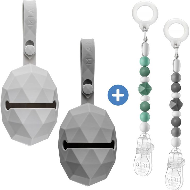 MiaMia 4-tlg. Schnuller-Zubehör-Set, 2x Silikon-Schnullerbox & 2x Schnullerkette mit Silikon-Perlen, Grau Grün