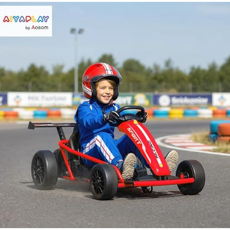 AIYAPLAY Kinder Elektro Gokart 24V Drift Kart mit 2 Motoren, 6-13 km/h, verstellbarem Sitz, Driftmodus, sanftem Start, Musik und Hupe, rot, für 8-12 Jahre – Bild 2