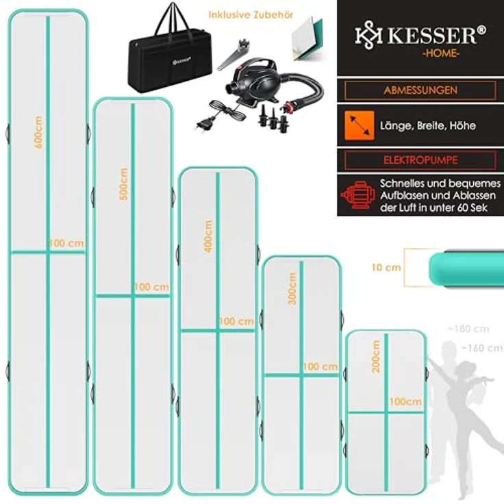KESSER® Turnmatte Aufblasbar Airtrack Fitness-Matte Gymnastikmatte 3/4/5/6m | inkl. Tragetasche & elektr. Luftpumpe | Yogamatte, Tumbling Matten , Trainingsmatte Sportmatte Yoga, Turn- & Fitness 400 x 100 x 10 cm, Mint Grün – Bild 8