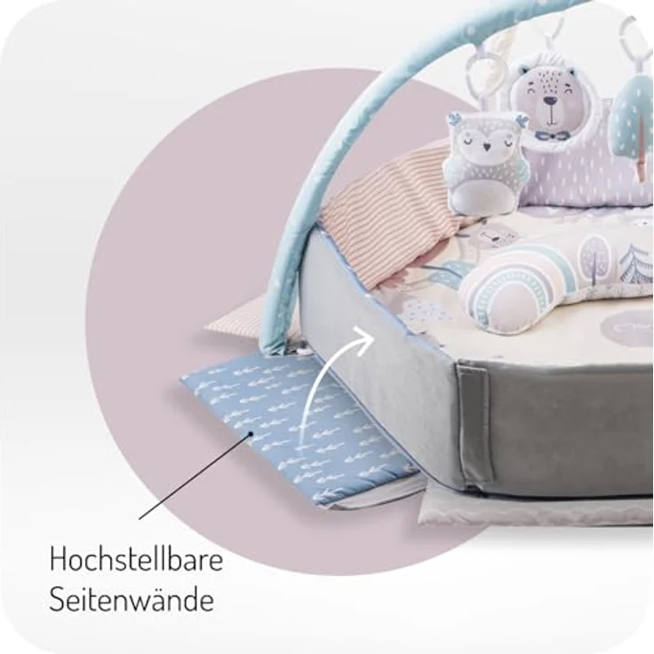 MoMi PASTEL Spielbogen mit Krabbelmatte 3-in-1, sensorische Aktivitätsmatte mit 2 Bögen, 5 Spielzeugen, 20 Bällchen und Krabbelkissen, für Babys ab Geburt – Bild 5