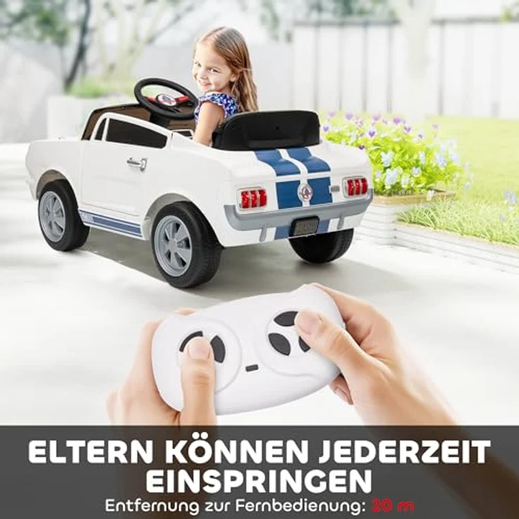 AIYAPLAY Ford Shelby GT 350 Elektroauto, 12V Kinderfahrzeug mit 2,4 GHz Fernbedienung, 2 Motoren, Hupe, LED, Musik für 3-6 Jahre, Weiß – Bild 4
