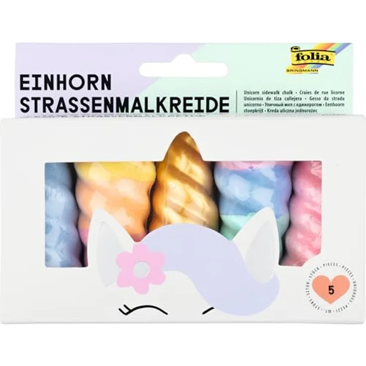 Folia Max Bringmann KG Malkreide Straßenmalkreide "Einhorn", Set mit 5 bunten Kreiden für kreative Straßengestaltung