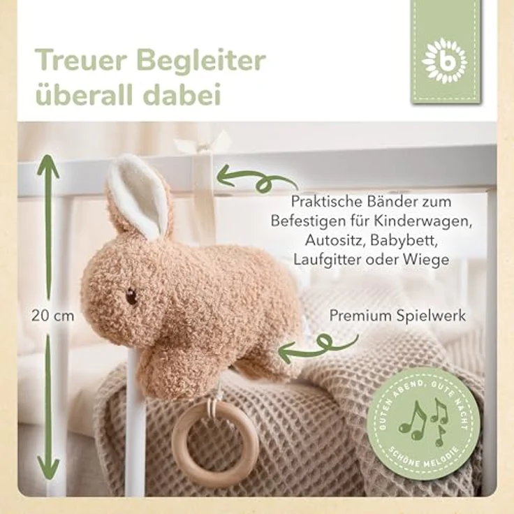 Bieco Musikspieluhr Hase Fine, 20 cm Bouclé Kuscheltier mit Brahms Wiegenlied, fördert das Einschlafen ab Geburt – Bild 3
