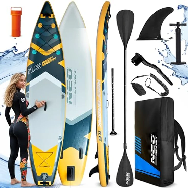 Neo-Sport Reefbreak 11.6, Aufblasbares Stand Up Paddle Board Set, 350 cm, inkl. Doppelpaddel, Handpumpe, Leash, Rucksack, für bis zu 150 kg, rutschfestes EVA-Deck – Bild 2