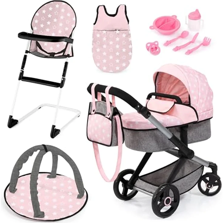 Bayer Design 17030AB Puppenwagen Xeo, Verstellbarer Griff, Schwenkschieber, wandelbar als Jogger, Schlafsack, Hochstuhl, Spielbogen, Puppenzubehör, Rosa, Grau – Bild 1