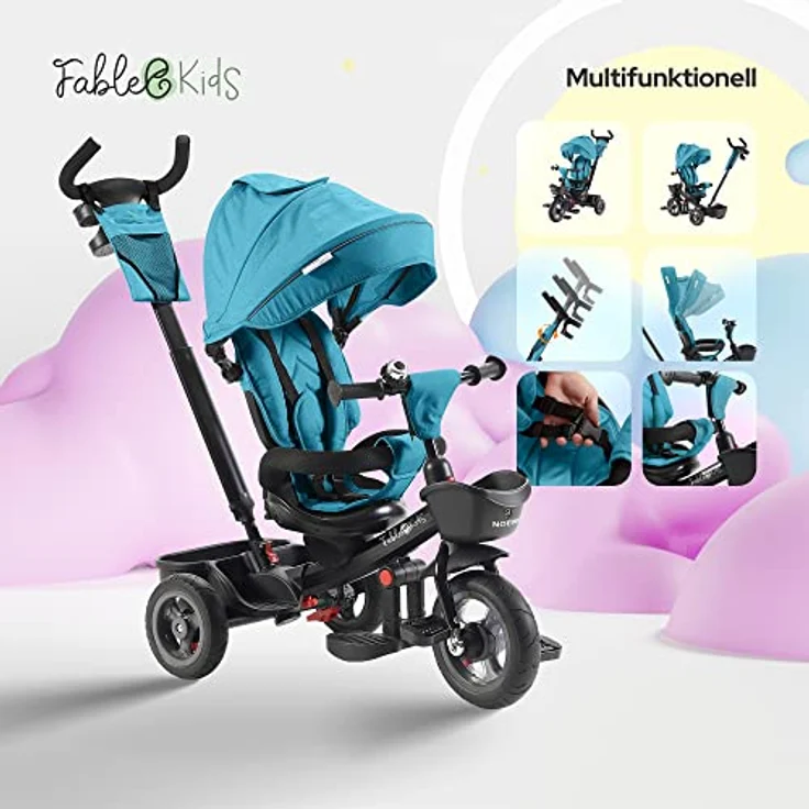 FableKids 5in1 Dreirad Noemi mit Schubstange ab 18 Monate bis 25kg, Vorwärts und Rückwärtsfahrt, PU-Reifen, Freilauf geräumiger, Korb, Tasche, Getränkehalter - Türkis – Bild 4