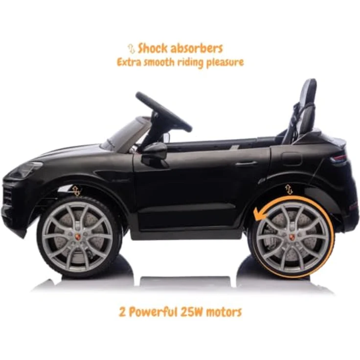 Vrooomy Porsche Cayenne Elektro-Kinderauto 12V, mit Fernbedienung, für Kinder 1-5 Jahre, schwarz, sanfte Beschleunigung, LED-Scheinwerfer, Sicherheitsgurt – Bild 7