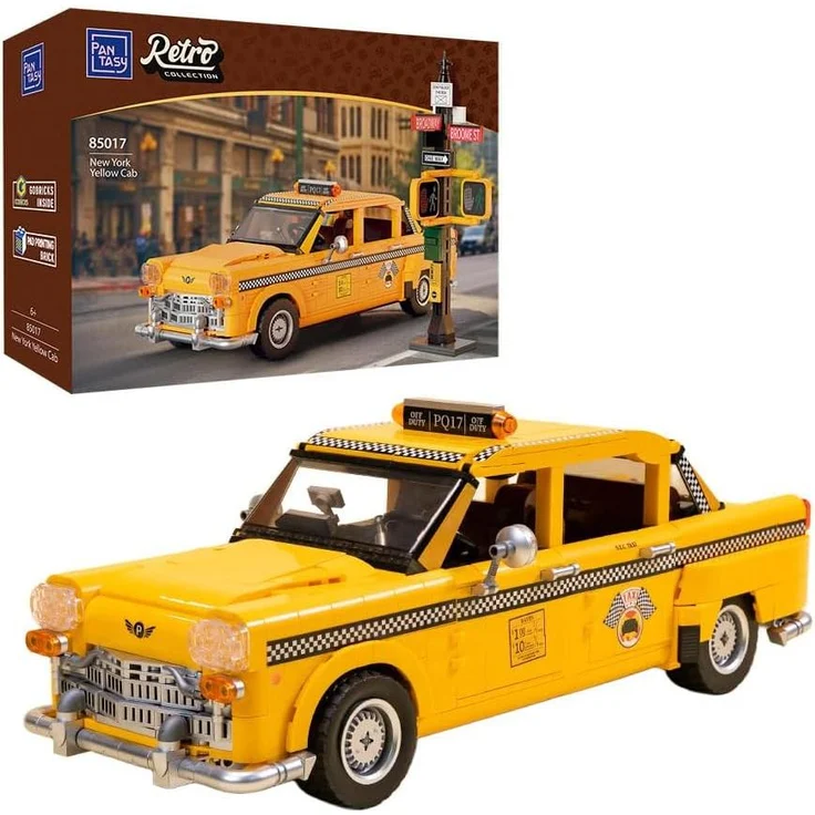 Pantasy Original-Retro Series - New York Yellow Cab, Klemmbaustein Taxi im ikonischen Design der 1980er Jahre mit authentischen Details und Straßenschildern