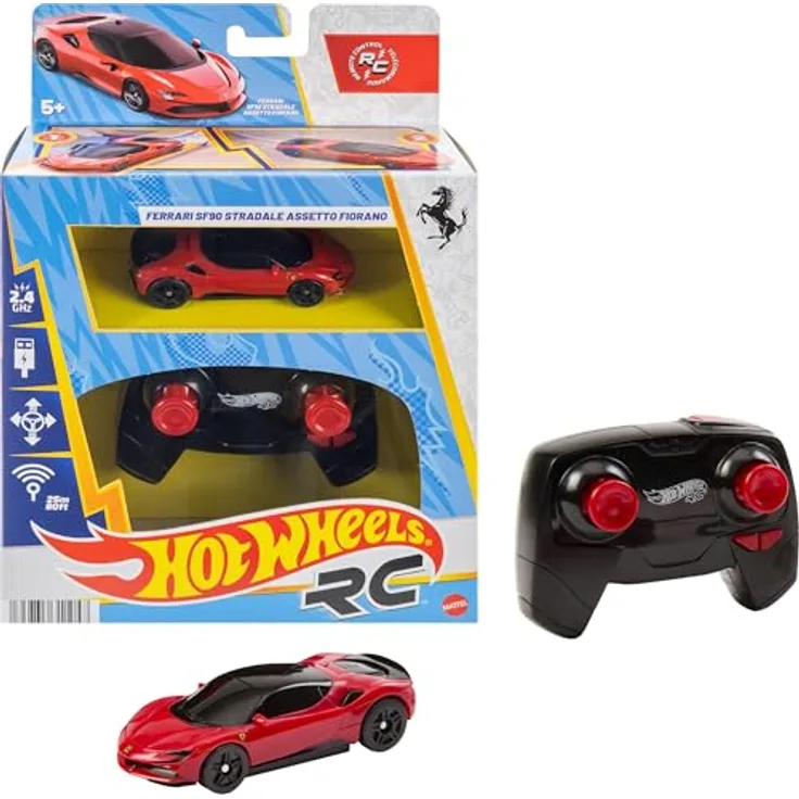 Hot Wheels Ferngesteuertes Spielzeugauto Ferrari SF90 Stradale Assetto Fiorano, Maßstab 1:64, mit Beschleunigerknopf und 2,4 GHz Frequenz