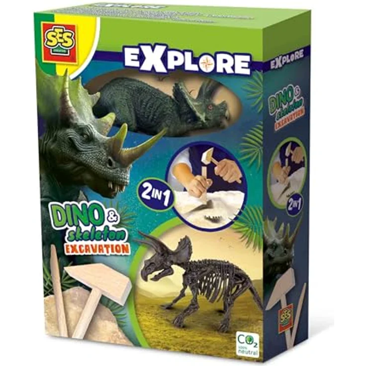 SES Creative 25093 Dino und Skelette ausgraben 2 in 1, Ausgrabungsspielzeug mit Triceratops-Skelett, lehrreich für Kinder ab 5 Jahren – Bild 1