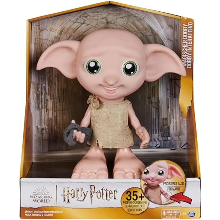 Wizarding World Harry Potter - Interaktiver Dobby Hauself Puppe mit über 30 Geräuschen, Sätzen und Bewegungen, Deutsch-Italenisch, Spielzeug für Kinder ab 6 Jahren, Fanartikel
