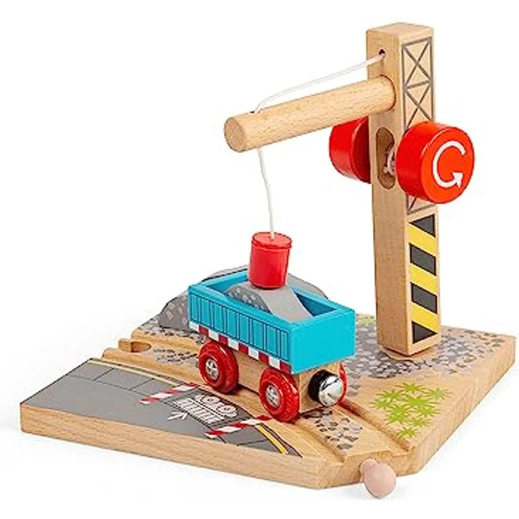 Bigjigs Hölzerne Schienen-Kies-Wasserhahn, Funktionsfähiger Spielzeugkran mit Umlenkrolle für Holzeisenbahnen – Bild 3