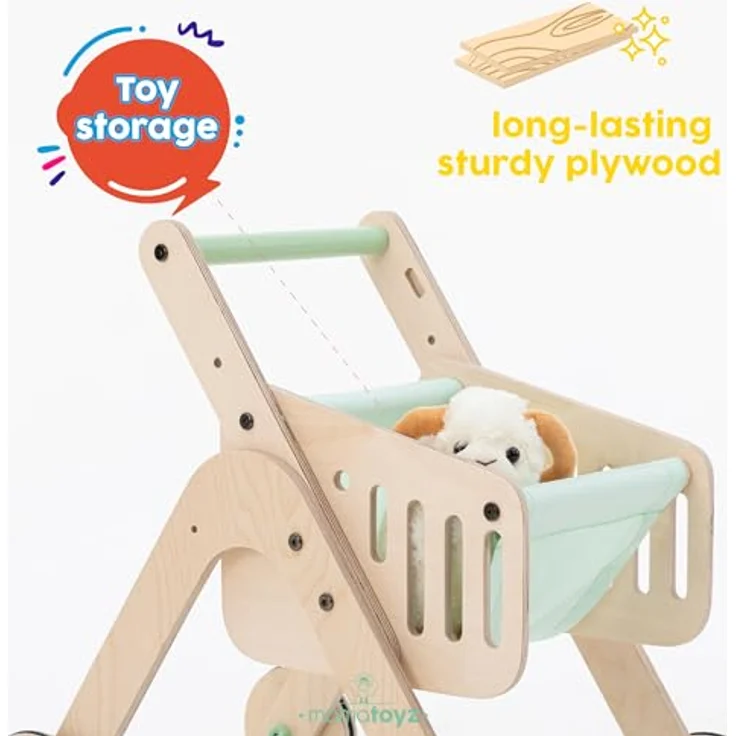 Mamatoyz 04TSHP Trio Shopper Einkaufswagen, Spielzeug, Lauflernhilfe aus natürlichem Birkensperrholz, erste Schritte, Laufen lernen, mit verstellbaren Rädern – Bild 3