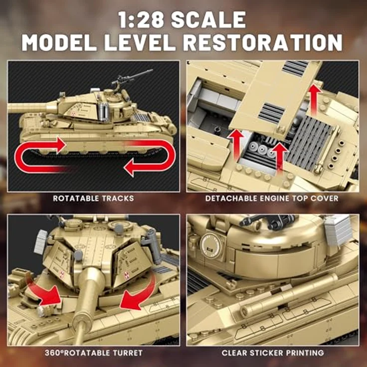 Reobrix 60TP Tank (77036), 1128-teiliges Bauset im Maßstab 1:28 mit drehbarem Turm und schwenkbarer Kanone, offiziell lizenziert von World of Tanks – Bild 4