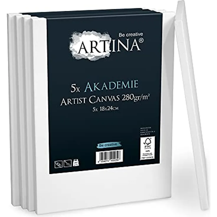 Artina FSC® Keilrahmen 5er Set Akademie 18x24 cm – Leinwand Set Maltuch aus 100% Baumwolle Leinwände 280 g/m² - Keilrahmenset Leinwand zum Bemalen für Acryl-, Aquarell-, Ölfarbe uvm