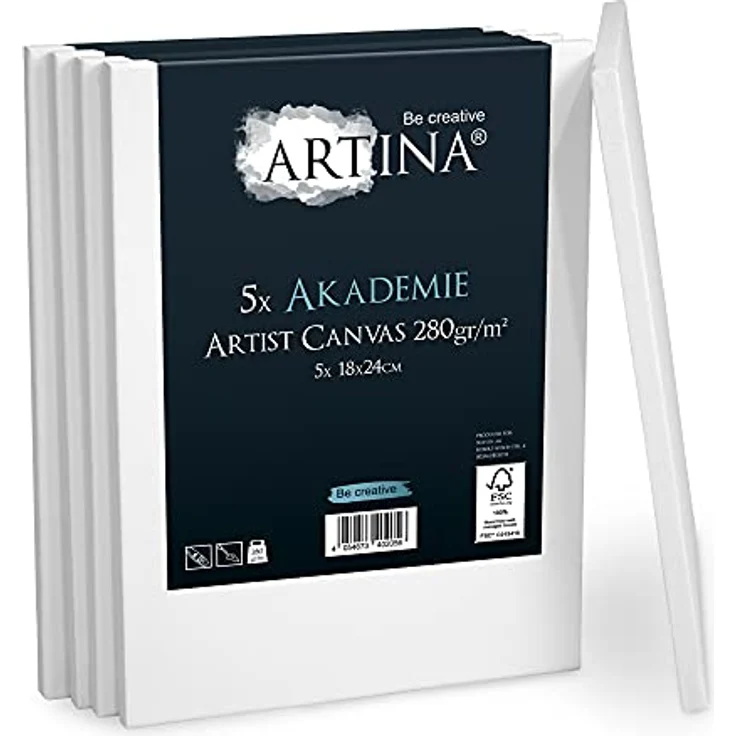 Artina FSC® Keilrahmen 5er Set Akademie 18x24 cm – Leinwand Set Maltuch aus 100% Baumwolle Leinwände 280 g/m² - Keilrahmenset Leinwand zum Bemalen für Acryl-, Aquarell-, Ölfarbe uvm – Bild 1