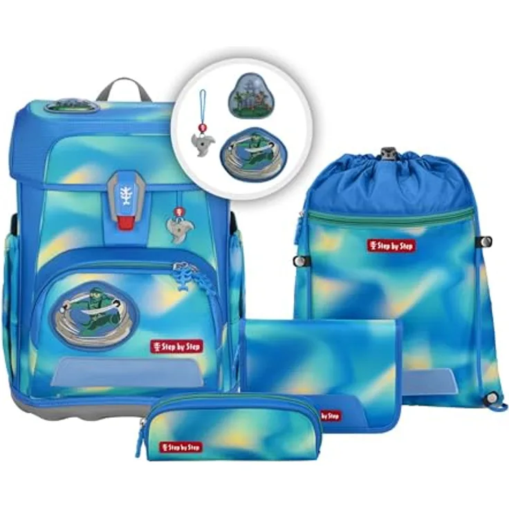 Step by Step Schulranzen-Set Cloud Flash „Ninja Zazu“, 5-teilig, ergonomischer Tornister in Blau mit reflektierenden Elementen, höhenverstellbar mit Hüftgurt, 19L für Jungen ab der 1. Klasse