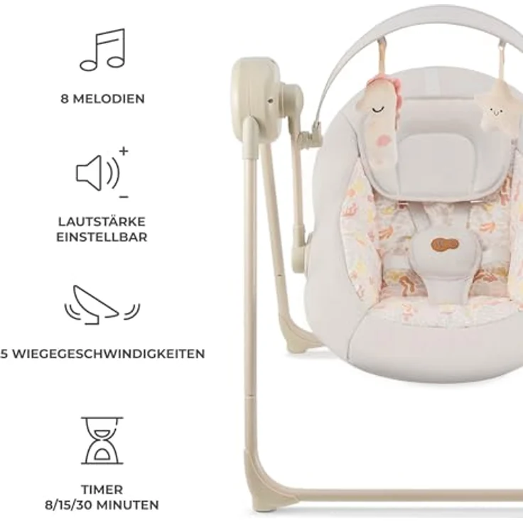 Kinderkraft SWINGEE Elektrische Babywippe mit Schwingfunktion, 5 Geschwindigkeitsstufen, verstellbarer Rückenlehne, 8 Beruhigungsmelodien, leicht und klappbar, Beige – Bild 3