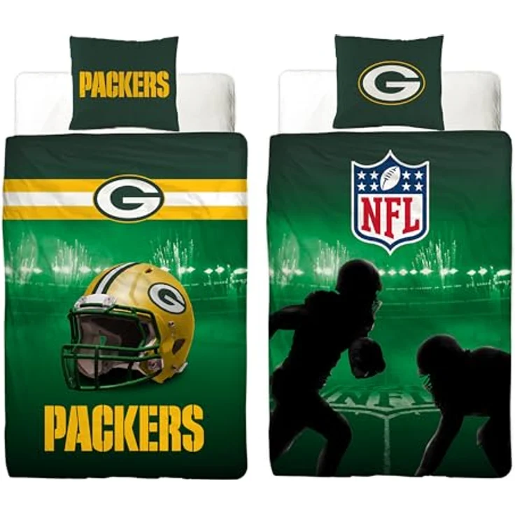 BERONAGE NFL Bettwäsche Green Bay Packers 135 x 200 cm + 80 x 80 cm 100% Baumwolle in Renforcé-Linon-Qualität mit Reißverschluss American Football Fan Super Bowl Cheeseheads Wende-Bezug deutsche Größe – Bild 1