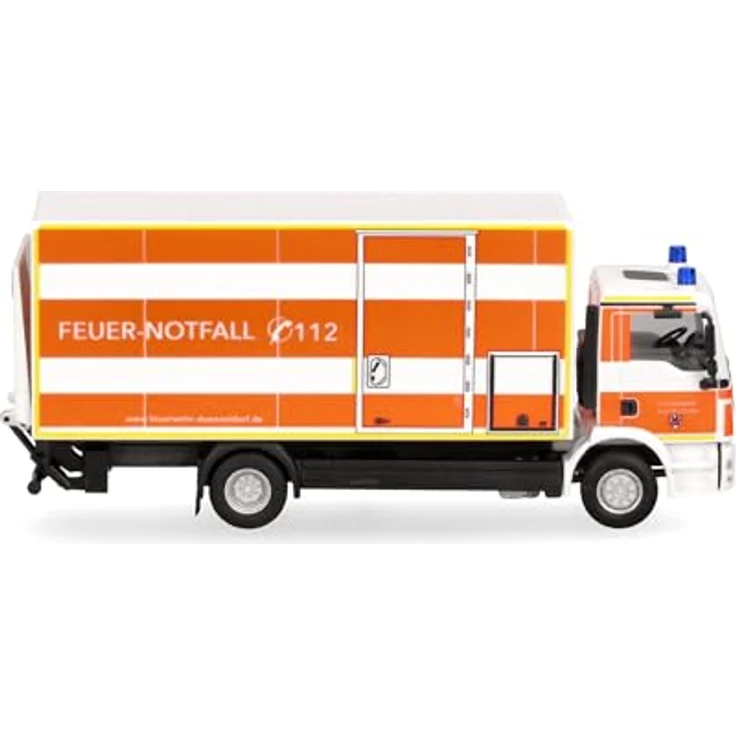 Herpa Man TGM Koffer-LKW mit Ladebordwand, Feuerwehr Düsseldorf, Miniatur im Maßstab 1:87, Sammlerstück, Made in Germany, Kunststoffmodell – Bild 3