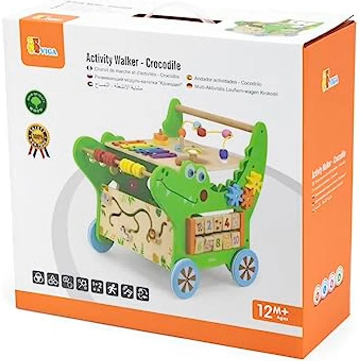 TikTakToo Krokodil Lauflernwagen Baby Aktivity Walker, Motorikbrett mit Xylophon, Glocke, Stapelspiel und Formensteckspiel, FSC-Holz mit Gummilaufringen, ca. 36 x 43 x 42 cm – Bild 1