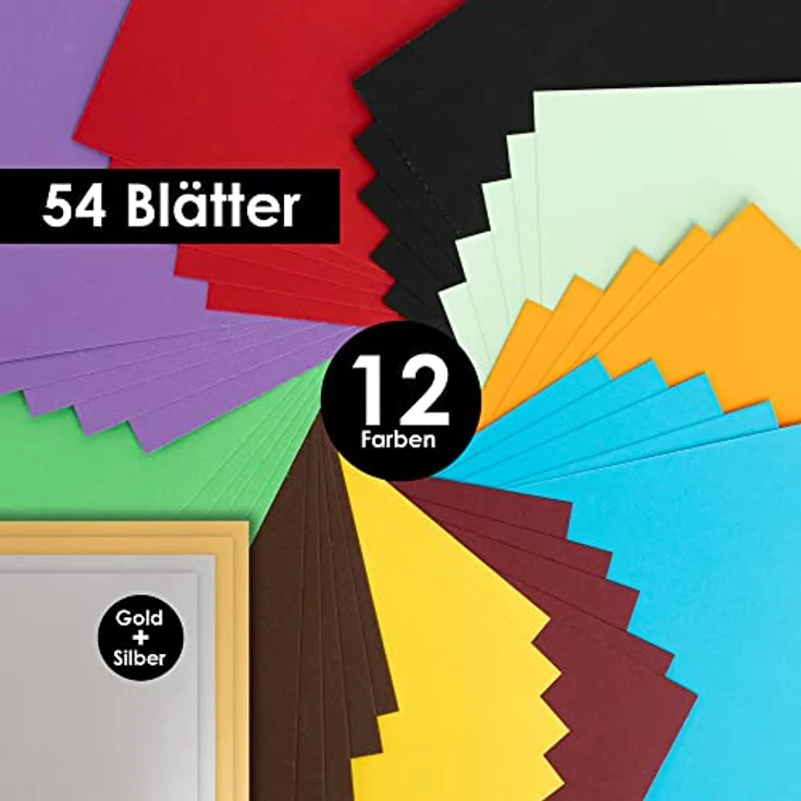 OfficeTree 54 Blatt Bastelkarton - Bastelset Kinder - Tonkarton A4 300g/m² zum Basteln Gestalten - 10 Farben - Mit Gold- und Silberbögen – Bild 3