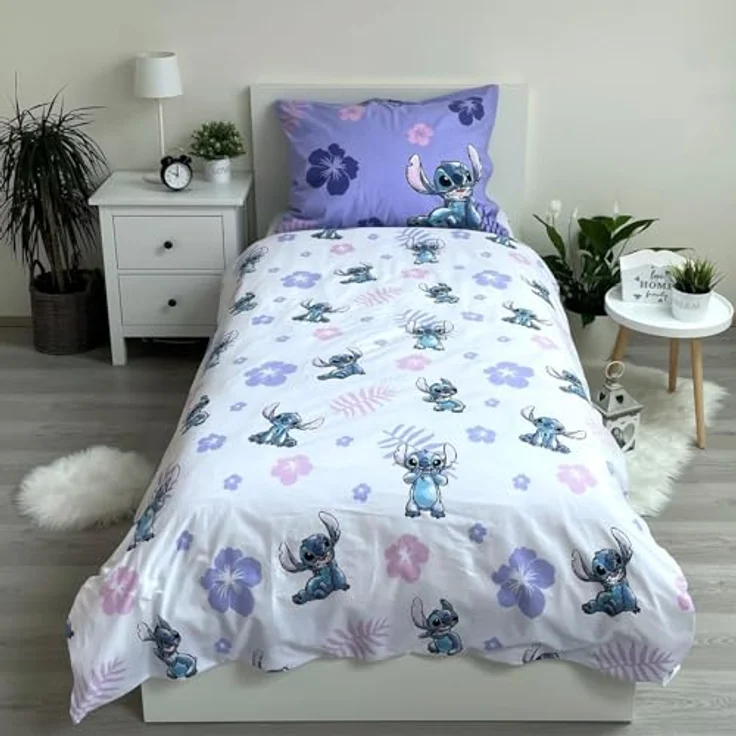 Jerry Fabrics Kinder Bettwäsche Wendebettwäsche Lilo und Stitch mit Blumen lila, 100% Baumwolle, 140x200 cm Bettdeckenbezug, 70x90 cm Kopfkissenbezug – Bild 3