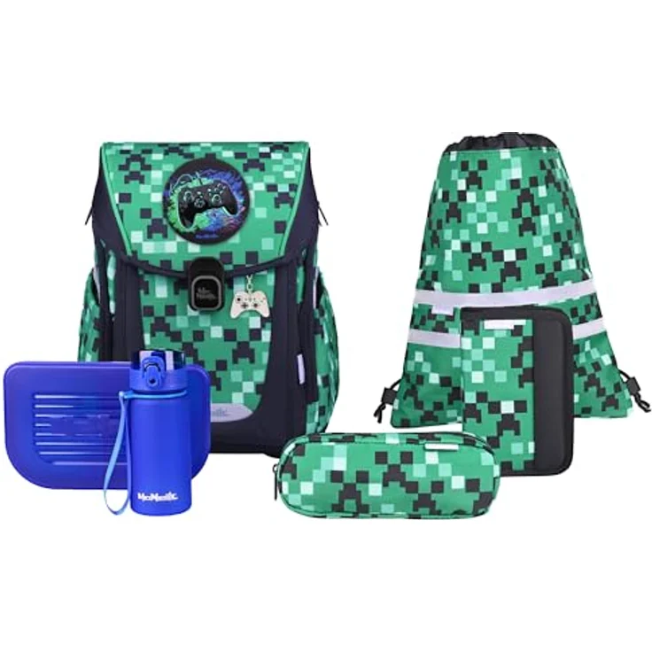 McNeill Schulranzen Set PRIMO 9tlg. (GAME ZONE) mit ergonomischem ClickFlex-Rückensystem, 19 L, grün, inkl. gefülltem Etui, Sportbeutel und Trinkflasche – Bild 2