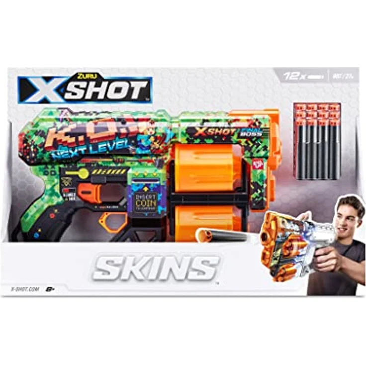 XShot X-Shot Skins Dread - K.O - Federdruck Dartblaster mit Doppeltrommel-Magazin, 12 Darts & einzigartigem bunten Pixel-Look – Bild 3