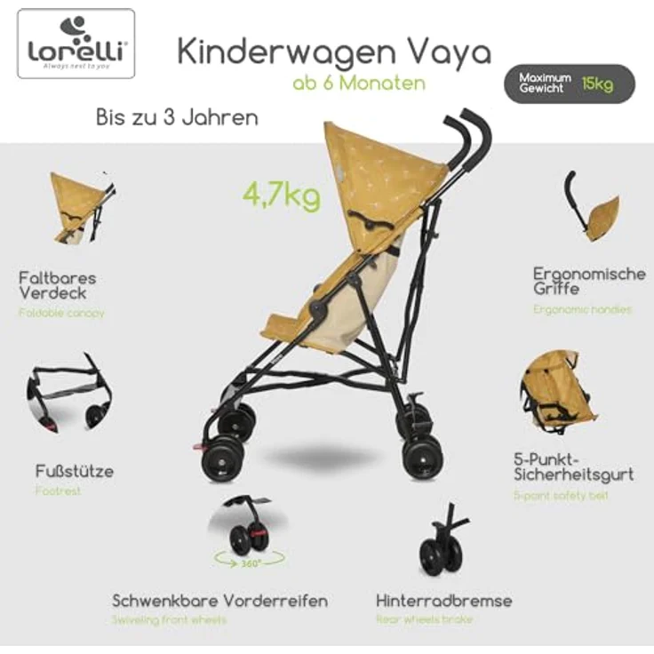 Lorelli Ultra Leichter Buggy Kinderwagen Vaya - Gelb, nur 4,7kg, Kompakter Sportsitz bis 15kg, 5-Punkt-Gurt, faltbares Verdeck, ergonomische Griffe – Bild 2