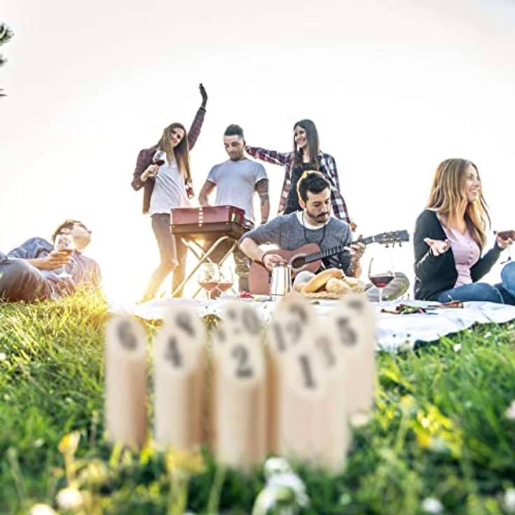 Relaxdays Kubb, Finnisches Wurfspiel mit Transportbox, für Erwachsene & Kinder, aus naturbelassenem Kiefernholz, 12 nummerierte Kegel – Bild 5