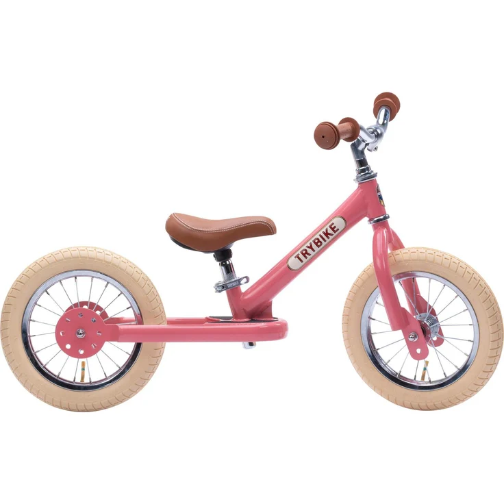 Trybike 2-Wheels Steel, Retro Balance-Bike in Vintage Rose mit verstellbarem Sitz und optionalem Dreiradsatz