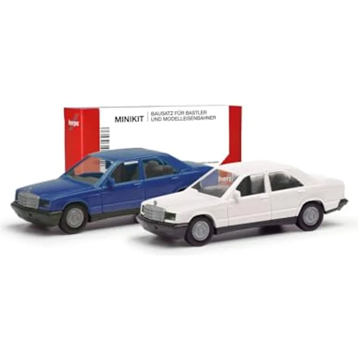Herpa MiniKit Mercedes-Benz 190E, 2er Set, Blau/Classicweiß, Miniaturmodell im Maßstab 1:87, Sammlerstück aus Kunststoff