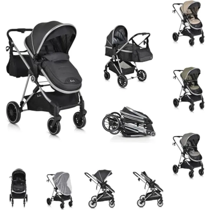 Moni Kombikinderwagen 2 in 1 Kali 22 kg umbaubar, Moskitonetz, schwenkbare Vorderräder, Farbe: schwarz
