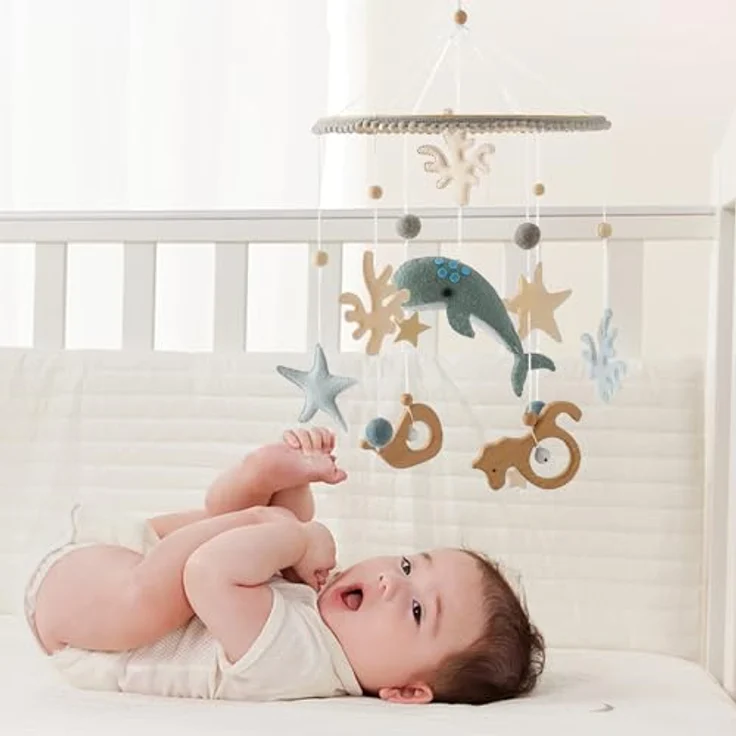 Herfair 3D Delphine Mobile Baby Windspiel aus Holz mit Filzbällen, handgemacht, blau, für Babybett Jungen und Mädchen – Bild 4