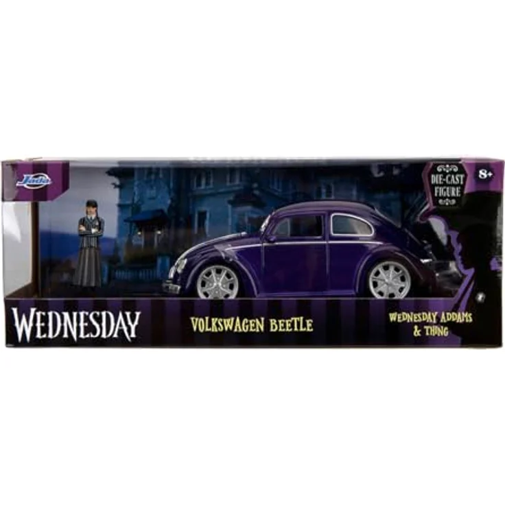 JADA Modellauto Wednesday 1972 Volkswagen Beetle VW Käfer 1:24, inklusive Wednesday Figur, Schleichendes Design und freilaufende Türen – Bild 5
