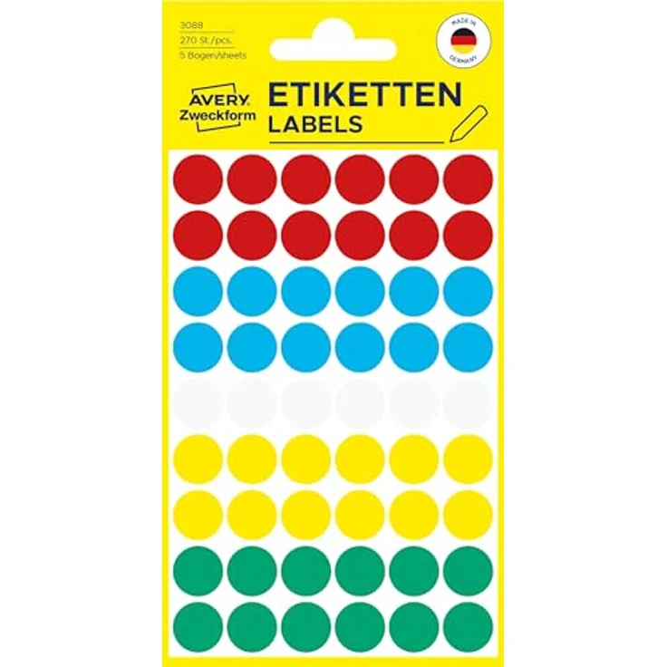 AVERY Zweckform Klebepunkte 3088, farbsortiert Ø 12,0 mm, 270 St., in rot, weiß, grün, blau und gelb – Bild 7