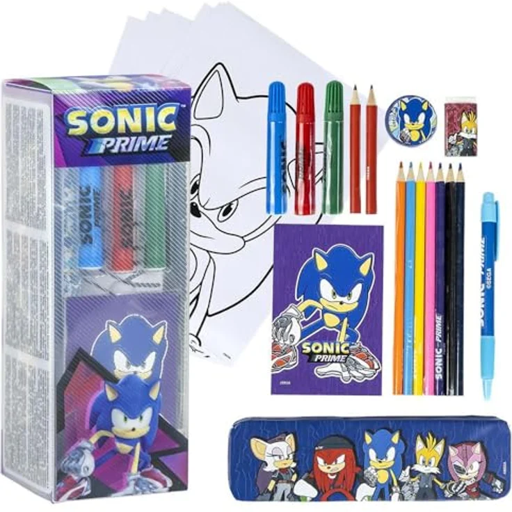 Sonic Kreativset Sonic the Hedgehog, Schreibwarenset mit 8 Buntstiften, 6 Filzstiften und 3D-Radiergummi – Bild 2