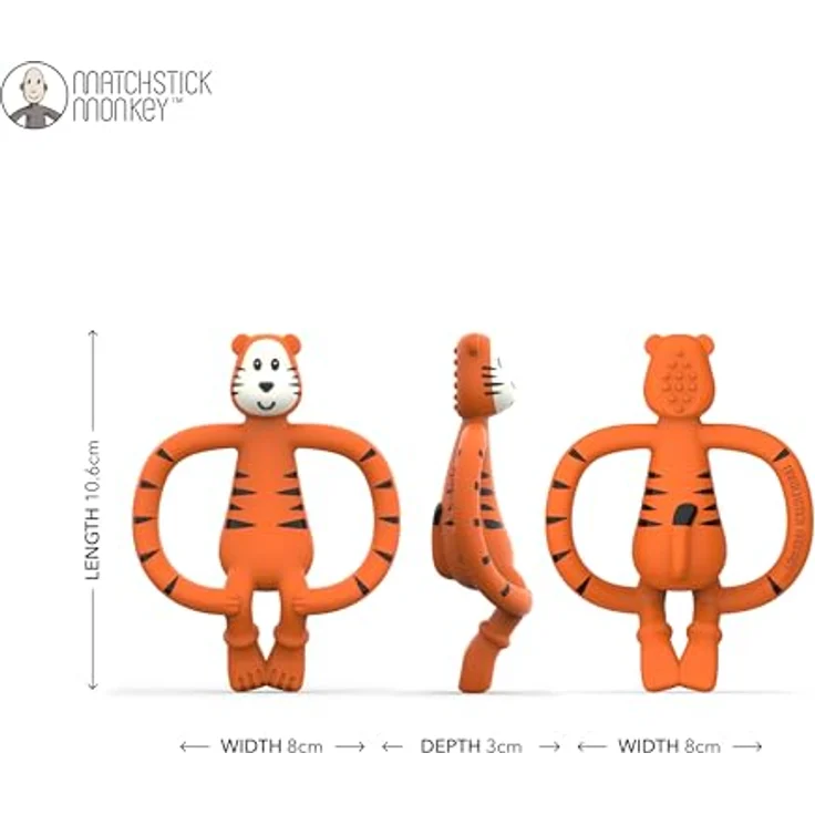 Streichholz-Affe - Lebensmittel-Silikon-Flachgesicht-Tier-Zahnspiel - kleiner Affe Matchstick Monkey Beißring/Zahnungshilfe/für wundes Zahnfleisch/ab 3 Monaten/Tiermotiv Teddy Tiger – Bild 2